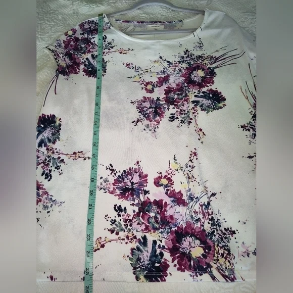 Maurices Blouse Floral Polyester Spandex Nylon Mesh Ivory Purple Scoop Sz 0 (xs) - Picture 6 of 8